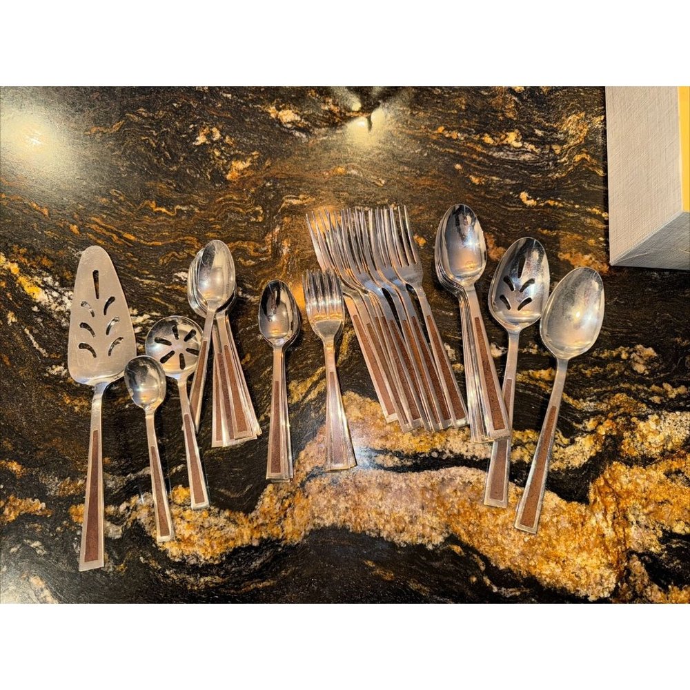 Mid Century Modern Vintage Silverware Stainless Retro Wood Inlay 43 Piece Lot